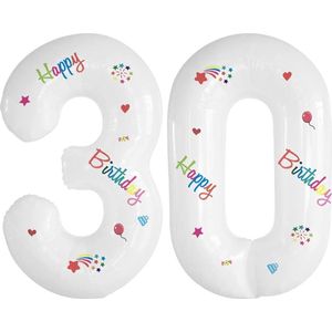 Folie Ballonnen Cijfers 30 Jaar Happy Birthday Verjaardag Versiering Cijferballon Folieballon Cijfer Ballonnen Wit 70 Cm