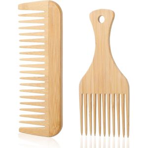 Brenzoos - Bamboe Kamset voor Alle Haartypes - 2 Stuks - Grote Tanden - Natuurlijk - Antistatisch - Houten Borstels - Krulborstel