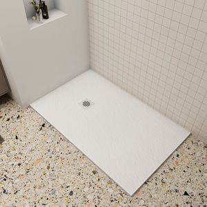 Aica 90x140x3cm witte douchebak (Slate leisteenlook), rechthoekige，gemaakt van een mengsel van natuursteen en hars, antislip, antibacterieel, met Roestvrij staal douchegoot rooster en afvoer, verkrijgbaar in verschillende maten