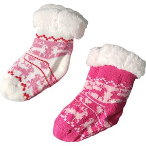 Baby - Huissokken - Antislip - Gevoerd - Set van 2 paar - Huissokken - Meisjes - kinderen - Warme wintersokken - Kleur Lichtroze/Donkerroze/Wit/Rood - Maat 0 t/m 12 maanden - Kerst - Cadeau