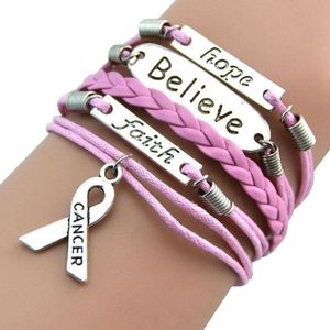 Fako Bijoux - Multi Armband - Roze - Faith Believe Hope Breastcancer