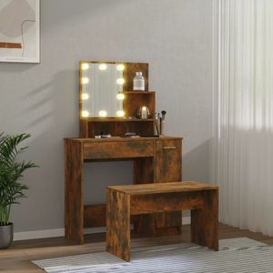 Kaptafel met spiegel en verlichting - Make up tafel - Make up - Toilettafel -Met lades - Bankje - 86,5 x 35 x 136 cm - Gerookt eiken