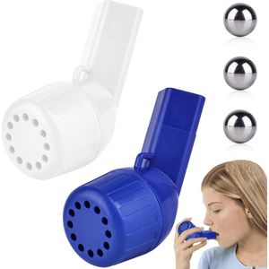 2 stuks originele Air Physio ademapparaat en longtrainer met 3 stalen kogels voor slijmverwijdering (wit + blauw)