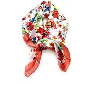 Vierkante dames neksjaal Janine-gebloemd motief-oranje wit geel blauw groen rood zwart roze-halssjaal-sjaal-70x70