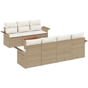 vidaXL - 8-delig - Tuinbankstel - met - Kussens - Beige - Poly - Riet - Acacia
