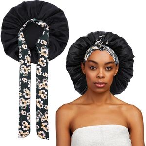 Allecto Plus - Extra grote slaapmuts voor dames met krullend dik haar - Zwarte satijnen bonnet met verstelbare zijden kap