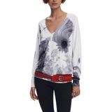 Desigual - Floral Low-Cut V-Neck - Gebreide Trui - Wit - Lange Mouwen