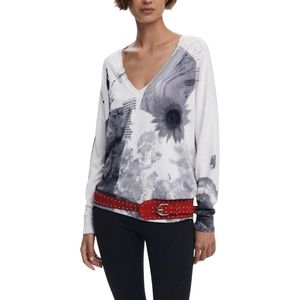 Desigual - Floral Low-Cut V-Neck - Gebreide Trui - Wit - Lange Mouwen