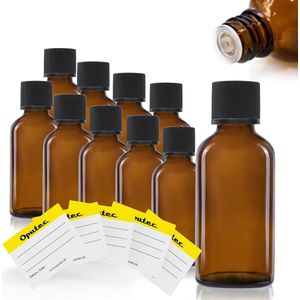 Oputec 10 x 30ml druppelflesjes – bruine apothekersflesjes met druppelinzet & etiketten – lekvrij & kindveilig
