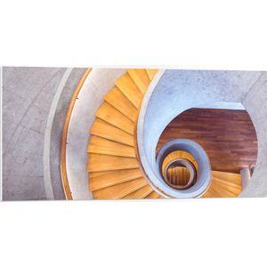 PVC Schuimplaat - Houten Gele Wenteltrap naar Beneden - 100x50 cm Foto op PVC Schuimplaat (Met Ophangsysteem)