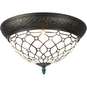 LumiLamp Plafondlamp Tiffany Ø 38 cm Wit Bruin Kunststof Glas Rond Plafonniere