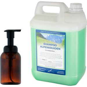 Zeepdispenser 300 ml amber bruin hervulbaar + 5 liter Shampoo Alpenkruiden navulling
