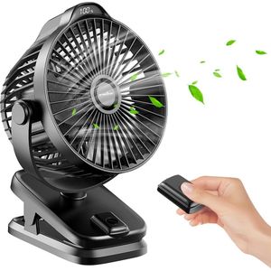 Oplaadbare USB Clip Desk Fan met afstandsbediening & LED Display 5 snelheden 360 ° rotatie - Draagbare kleine batterijventilator - Ultra-stille Mini ventilator voor thuis kantoor camping kinderwagen