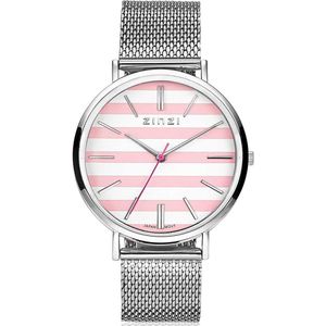 Zinzi Retro horloge roze-wit gestreepte wijzerplaat zilvergekleurde kast stalen mesh band 38mm extra dun ZIW419M