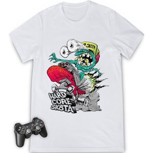 Jongens tshirt met print - Streetwear skatebord opdruk - Maat 116 t/m 164 - T shirt kleuren: wit, turquoise en rood.
