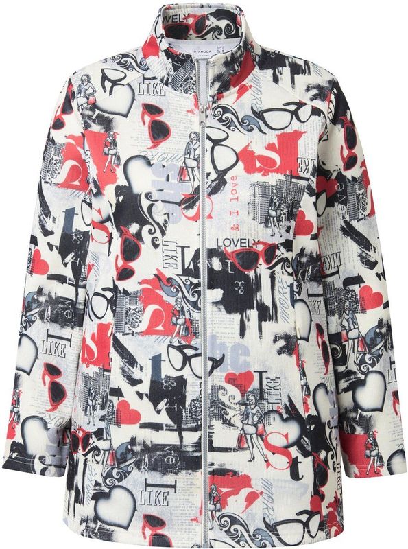 MIAMODA MIAMODA - Dames - Gebreide fleece jas licht getailleerd patchprint - Off-white - Maat 42