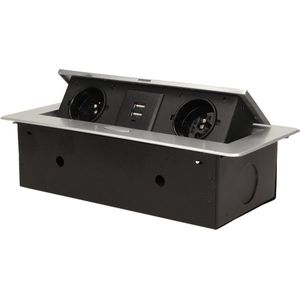 Orno Pop-up Stekkerdoos - Verdeelstekker met 2 stopcontacten - Stekkerblok met 2 USB A - Inbouw Verdeeldoos zonder kabel - Zilver