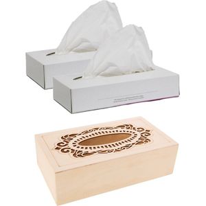 Tissuedoos/tissuebox van hout met sierlijk design 26 x 14 cm naturel gevuld met 200x stuks 2-laags tissue papier