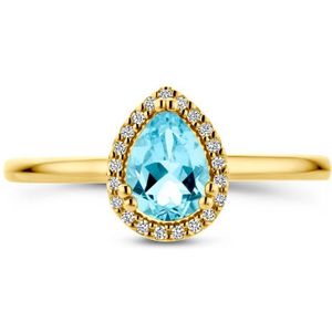 14K Geelgoud - Ring - Sky Blue Topaas en Diamant 0.06ct - Halo - 9.5mm Breedte