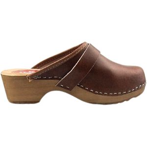 Dina - Zweedse Klompen - Klassiek Bruin - Houten Klompen met Leren Kap
