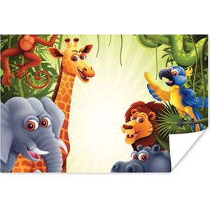 Poster Jungle - Jongens - Meiden - Baby - Olifant - Leeuw - Giraf - 180x120 cm XXL - Poster Babykamer
