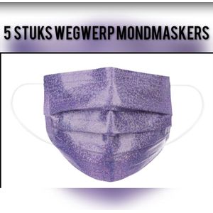 Glitter wegwerp mondmaskers - Paars - per 5 stuks