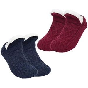 Antislip Pantoffelsokken voor Dames en Heren - Cozy Slipper Socks met Handgrepen - Binnen en Thuis - One Size - Donkerblauw en Rood