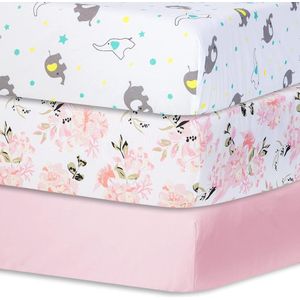 Goodivery ® Hoeslaken voor babybedden, kinderbed, 60 x 120 cm, 100% microvezel, Oeko-Tex Standard 100 gecertificeerd, verpakking van 3 stuks, roze, olifant, bloemen