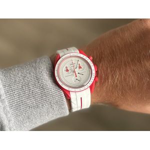 20mm Curved rubber strap White + Red stripe Omega x Swatch Moonswatch - Gebogen rubber horloge band