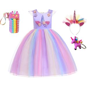Unicorn jurk - Prinsessenjurk meisje - Fidget toys - Paarse jurk - Eenhoorn - Haarband - Het Betere Merk - maat 122/128(140) - Verkleedkleren Meisje - 3D Sleutelhanger