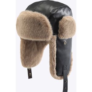 Originele Edmondo Sky Lederen Pilotenmuts - Russische Muts - Unisex Skimuts met Oorwarmer - gezichtsbescherming - Ushanka - Bontmuts - Heren en Dames Muts - ZWART