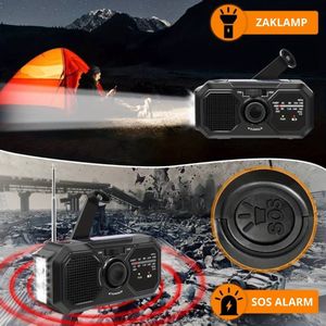 Draagbare Noodradio - Survival - Opwindbare Radio -Dynamo Zaklamp - Powerbank 3500 mAh - Solar Opwindbaar - Noodradio op batterijen en Zonneenergie - IPX4 - USB-C-kabel - Noodpakket