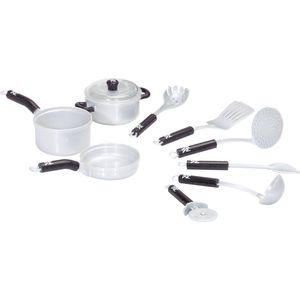 Klein Toys WMF 9-delige keukenset - stevige pan, 2 steelpannen met 1 deksel en hoogwaardig speelgoedkeukengerei - grijs zwart