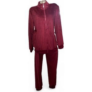 Dames Velours Effen Huispak – Vrijetijdspak met Rits Maat- XXL (44) Donkerrood