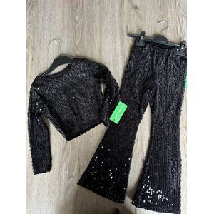New Collection - Velours pailletten set met flared broek - zwart - maat 98/104