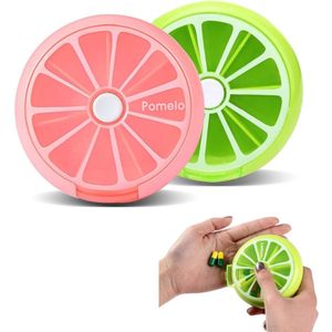 2 stuks - Pillendoos - Mini pillendoos voor 7 dagen - Draaibare pillendoos met 7 compartimenten - Pillenbewaardoos in de vorm van een fruit - 7 compartimenten - Roze en groen - 9*2,2 cm - Geschikt voor senioren, ouderen en mensen van alle leeftijden