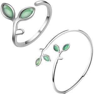 2-Delige Set-Zilver- Ring - Verstelbaar- Bangle armband- Green Leaf-Jade groen- Charme Bijoux