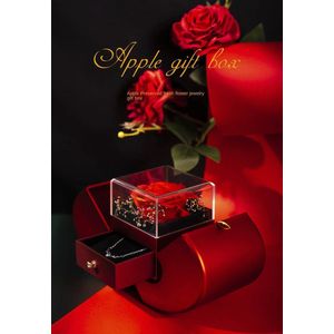 Eeuwige Bloem + Appelvormige Sieraden Doos + Rose Hartjes Ketting met ''I LOVE YOU'' in 100 talen Projectieglas - Kerstcadeau In Luxe Box met Roos - Verjaardag Geschenk - Romantisch Cadeau - Huwelijksaanzoek - Liefde - Valentijn - Apple Gift Box