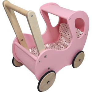 Playwood - Houten Poppenwagen roze klassiek met kap - inclusief dekje wit met roze hartjes