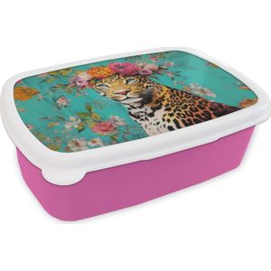 Broodtrommel Roze - Lunchbox Luipaard - Bloemen - Kroon - Brooddoos 18x12x6 cm - Brood lunch box - Broodtrommels voor kinderen en volwassenen