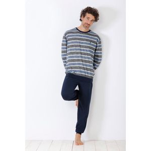 Blauw-grijs gestreepte herenpyjama van Hajo - Blauw - Maat - 48