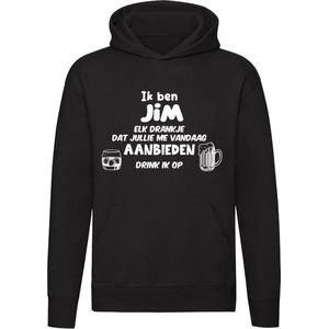 Ik ben Jim, elk drankje dat jullie me vandaag aanbieden drink ik op | drank | feest | jarig | verjaardag | vrijgezellenfeest | cadeau | kado | Unisex | Trui | Hoodie | Sweater | Capuchon