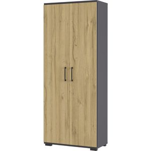 Hoge dichte kantoorkast Discovery Eiken Grafiet - Breedte 80 cm - Hoogte 200 cm - Diepte 40 cm - Met planken - Met openslaande deuren