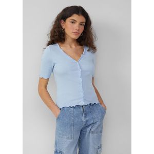 QS Geribbeld shirt met babylock-randen en knoopdetail, lichtblauw, M