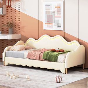 KOMHTOM Slaapbank Gestoffeerd bed 90x190 cm 2-in-1 kinderbed van kunstleer met LED-verlichting beige