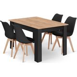 Eethoek - Eettafelset - NP 120x80 Craft met Zwarte Poten + 4 Stoelen MARK Zwart met Beukenhouten Poten, Modern Design, Geschikt voor Keuken, Eetkamer en Woonkamer