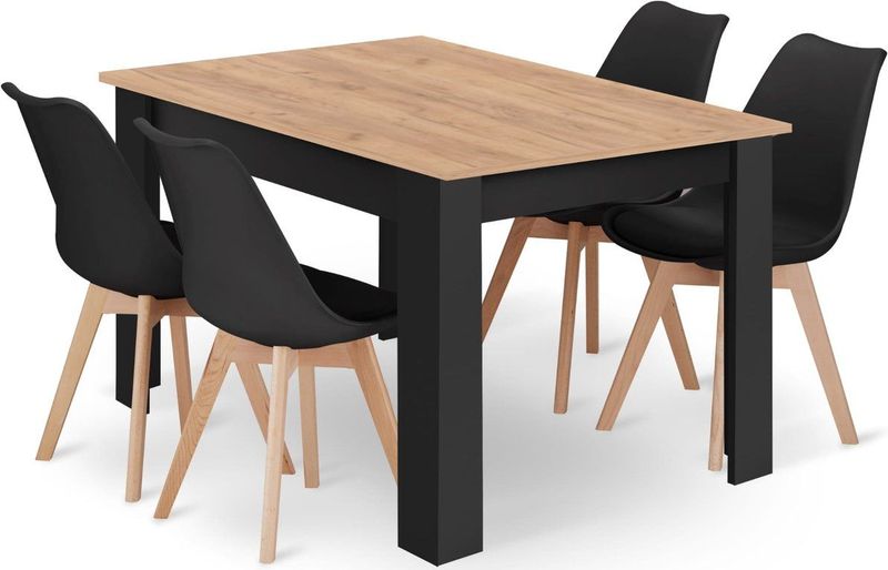 Eethoek - Eettafelset - NP 120x80 Craft met Zwarte Poten + 4 Stoelen MARK Zwart met Beukenhouten Poten, Modern Design, Geschikt voor Keuken, Eetkamer en Woonkamer