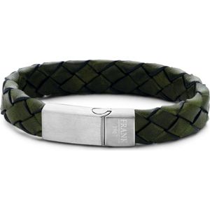 Frank 1967 7FB 0223 Stalen Heren Armband met Leer - Gevlochten - Lengte 21 cm - Groen