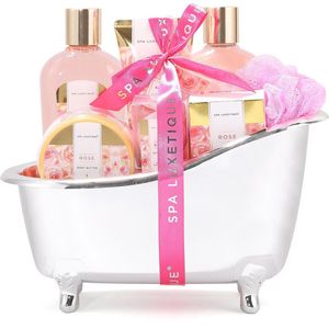 Verjaardag Cadeau Vrouw - Geschenkset in zilveren badkuip - Moederdag Cadeautje Rose Beauty & Shea butter - Verwenpakket vrouw - voor haar, mama, vriendin, moeder - Huwelijkscadeau - Jubileum