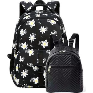 Ultiluxe® Schooltas en rugzak met bloemenprint - Zwart/wit - 2-delige tassen set voor meiden - Schoolrugzak, 15.6 inch laptoptas, kleine rugtas - Waterbestendig - Tieners en kinderen - Bloemetjes wit - 29L en 3L